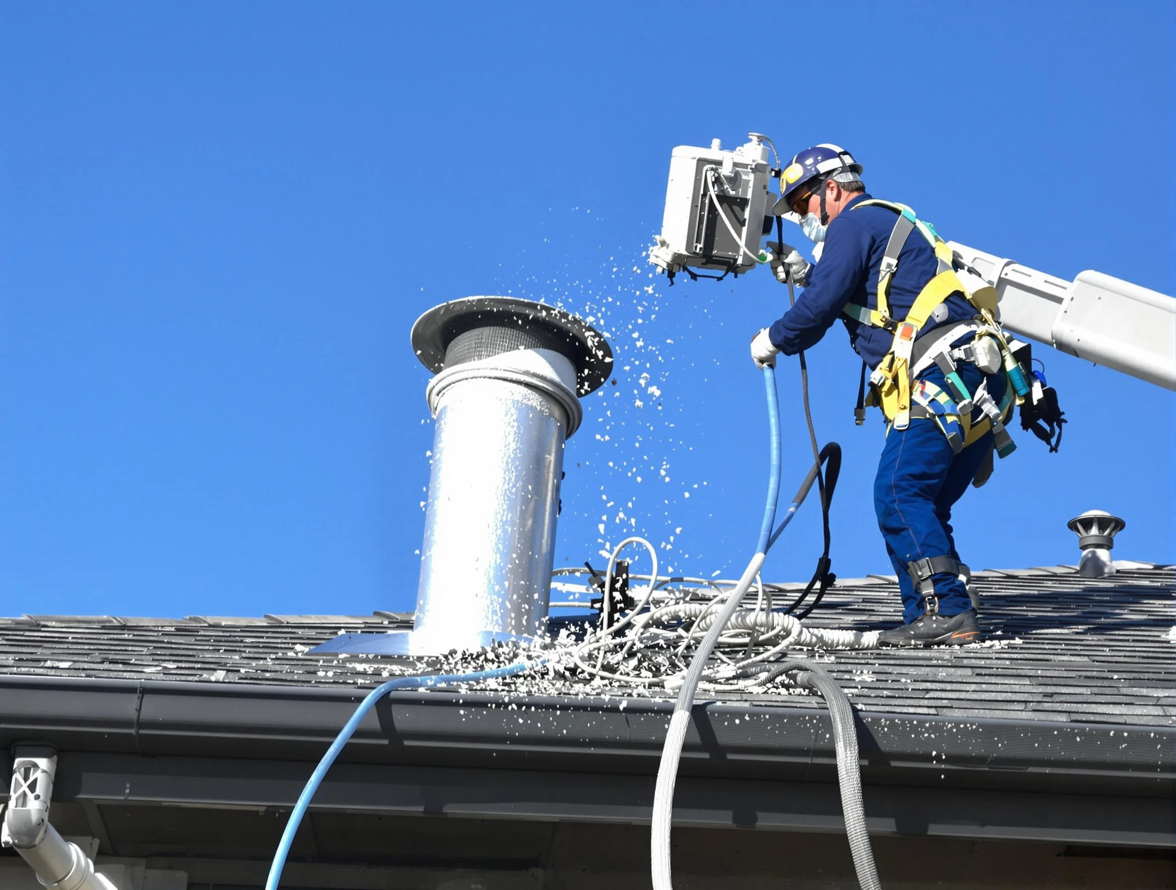Laurel Dryer Vent Cleaning certified technician safely cleaning a roof-mounted dryer vent in Laurel